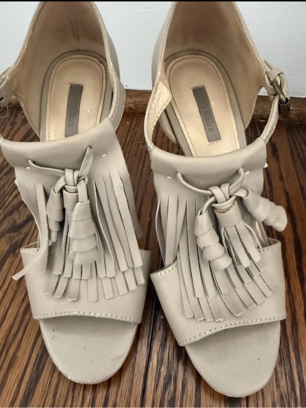 Uterique Beige Fringe Tassel Peep-Toe Heels